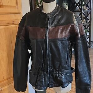 Black and Brown Leather Jacket Unknown Maker Womens Size XL Biker Moto Fitted